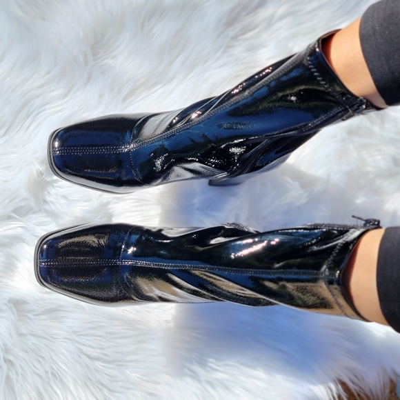 Black PAT High Chunky Heeled Boots Zip Up Square Toe Ankle - Picture 4 of 7